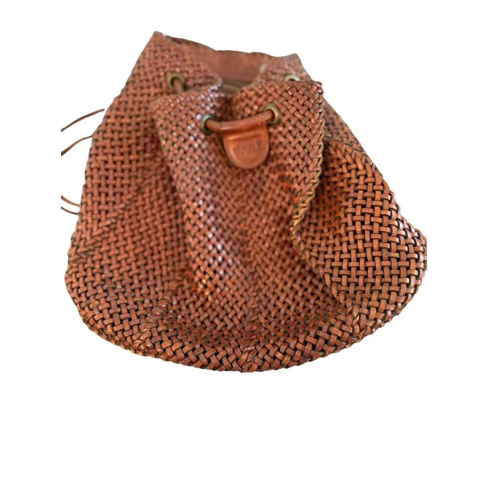 DKNY Womens Backpack Brown Woven Leather Vintage 1990s Casual